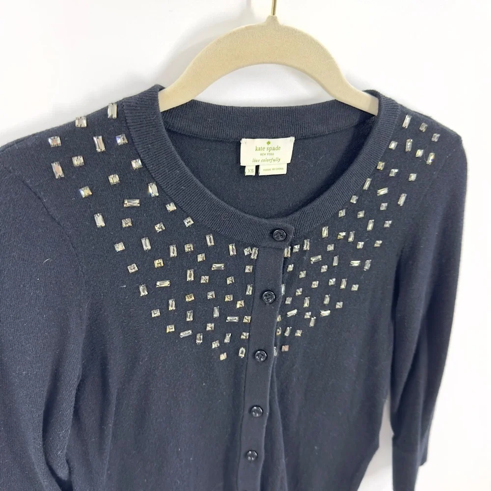 Kate Spade Tokyo Grid Rhinestone Jewel Cardigan Womens XS Cashmere Blend Luxury